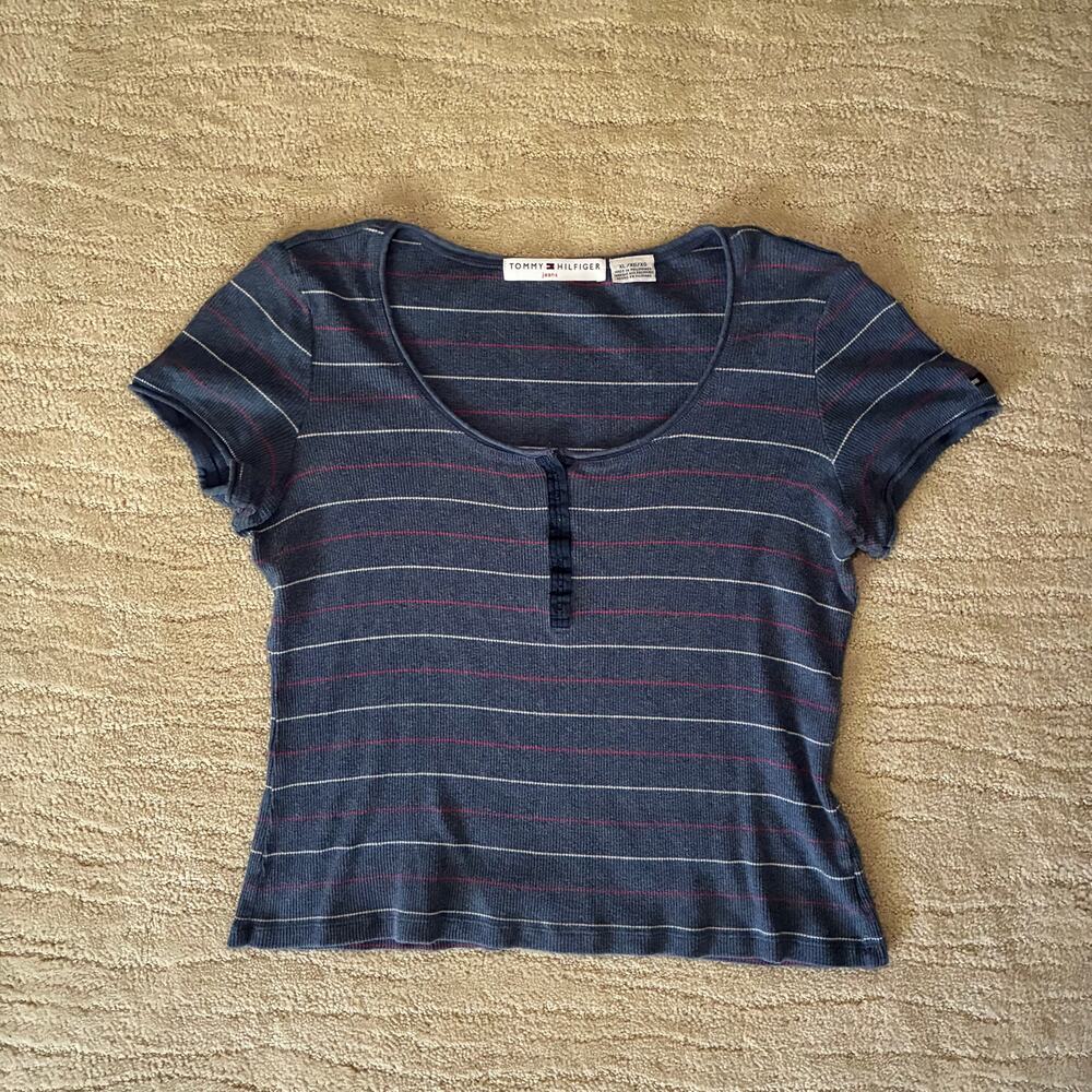 Vintage 90s Tommy Hilfiger Cotton Butter Mom Pin Strip Short Sleeve Shirt/Top